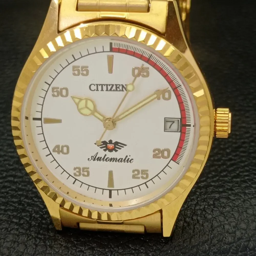 Vintage 1983 Citizen Automatic Mens Gold Watch W/daydate & Red accents